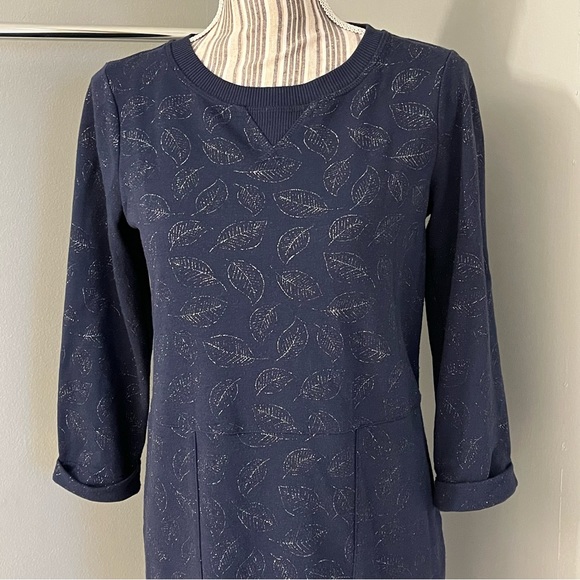 Boden Hannah Navy Silver Metallic Leaf Print Sweatshirt Dress Womens Size 6R - Picture 2 of 13